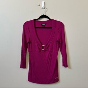 BEBE Fuchsia Pink ribbed plunge v neckline stretchy top